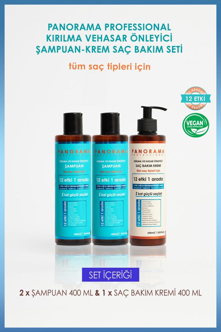 Panorama Professional Kırılma ve Hasar Önleyici Bakım Seti 2 Kat Güçlü Saçlar 12 Etki 1 Arada 400 ml x 2 Şampuan + 400 ml Saç Bakım Kremi
