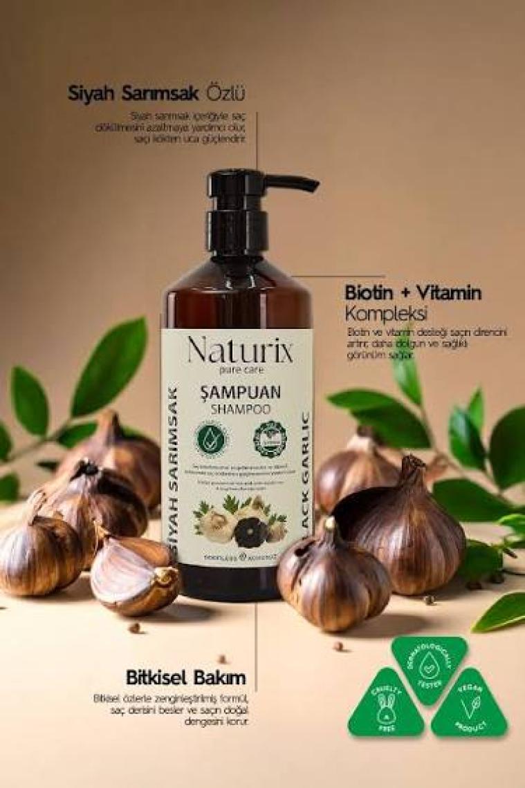 Naturix Tüm Saç Tipleri Için Doğal Siyah Sarımsak Özlü 600 ml Etkili Bakım Şampuanı