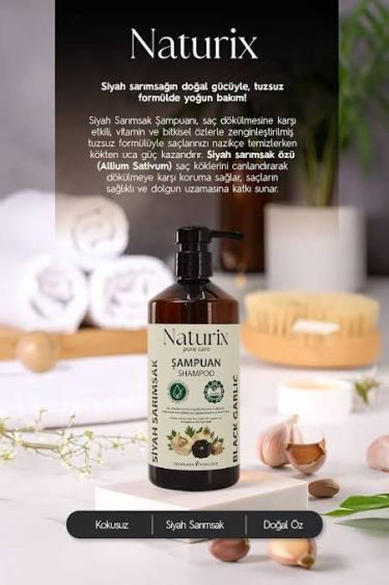 Naturix Tüm Saç Tipleri Için Doğal Siyah Sarımsak Özlü 600 ml Etkili Bakım Şampuanı