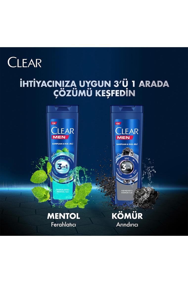 Clear Men 3 in 1 Şampuan & Duş Jeli Arındırıcı Kömür 350 ml