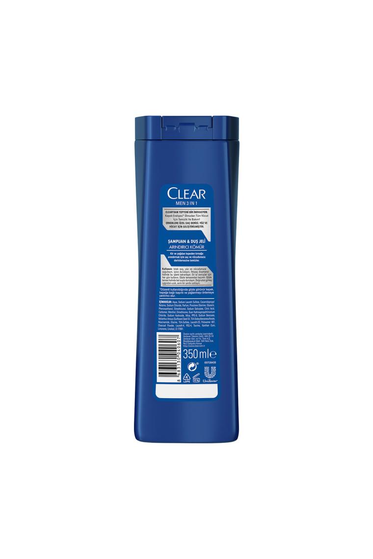Clear Men 3 in 1 Şampuan & Duş Jeli Arındırıcı Kömür 350 ml