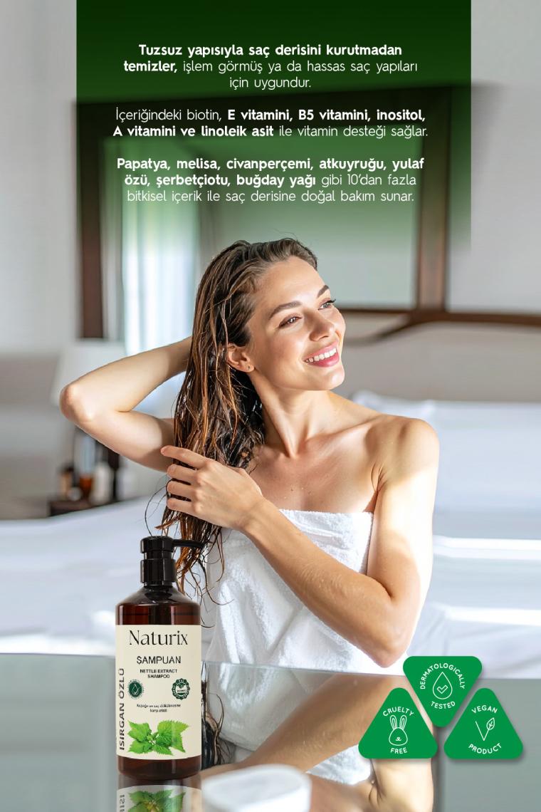 Naturix Kepeğe Karşı Etkili Isırgan Otu Özlü 600 ml Bakım Şampuanı Isırgan Otlu Şampuan Tuzsuz Şampuan