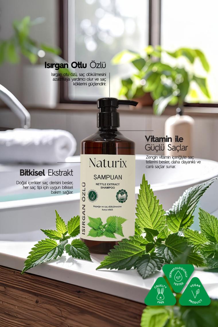 Naturix Kepeğe Karşı Etkili Isırgan Otu Özlü 600 ml Bakım Şampuanı Isırgan Otlu Şampuan Tuzsuz Şampuan