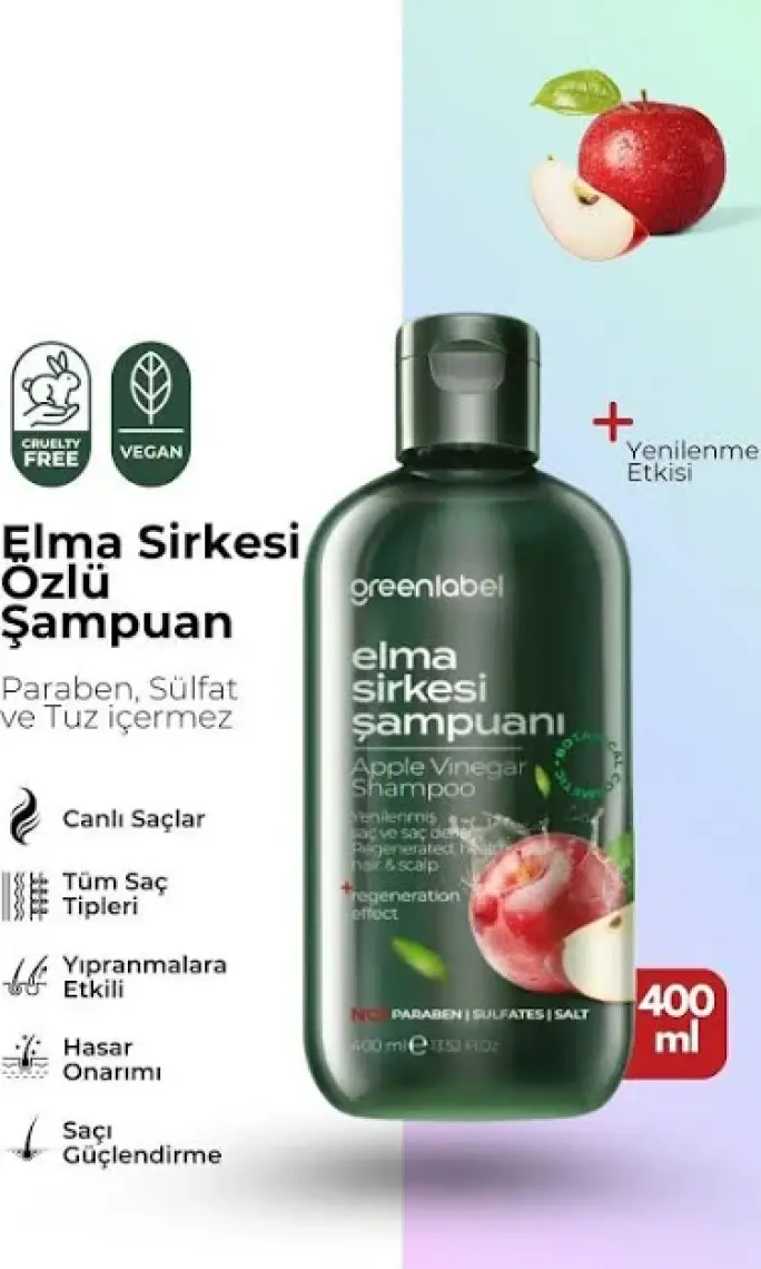 Green Label Biberiye ve Elma Sirkesi Özlü Tuzsuz Parabensiz Sülfatsız Yenileyici Ve Arındırıcı Şampuan 400 ML