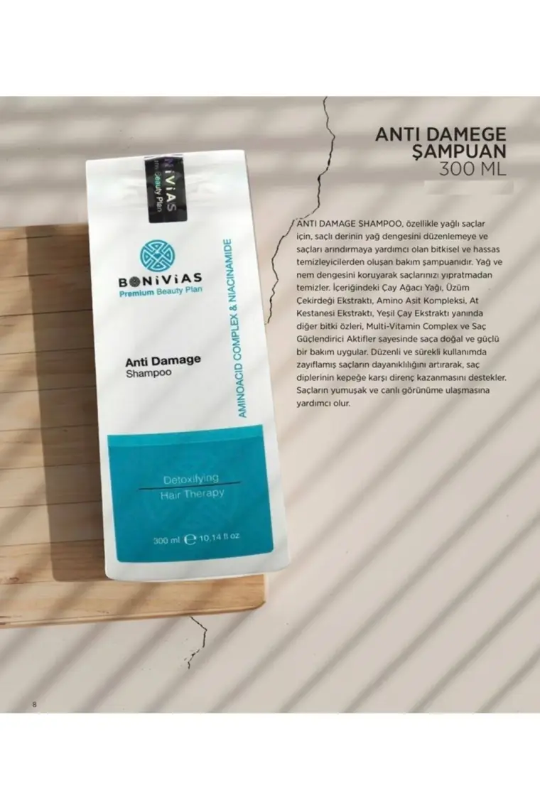 Bonivias Onarıcı , Nemlendirici Saç Şampuanı Niacinamide , Çay Ağacı Yağı, Üzüm Çekirdeği Ekstraktı, Amino Asit Kompleksi, At Kestanesi Ekstraktı içerikli Sülfatsız