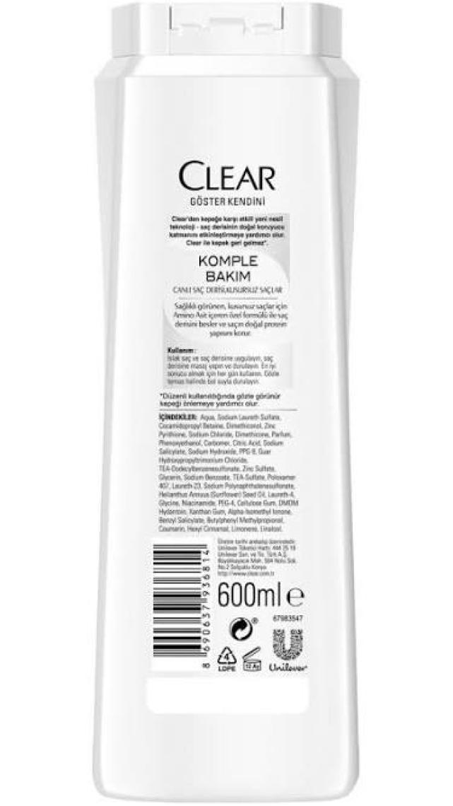 Clear Kepeğe Karşı Etkili Şampuan Besleyici Şampuan Komple Bakım 600 ML 1 Adet