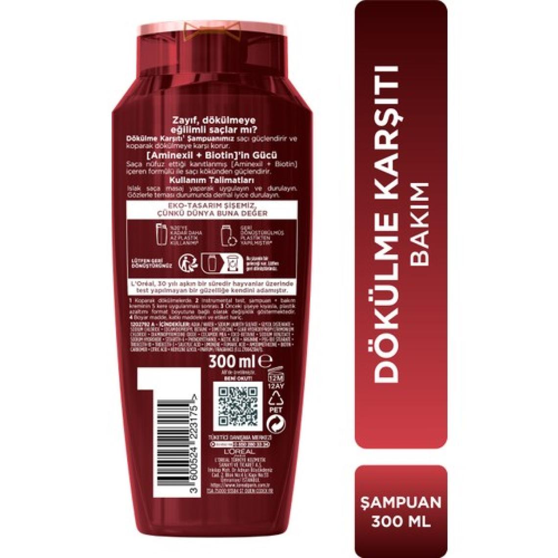 L'Oréal Paris Elseve Güçlendirici Şampuan - Koparak Dökülmeye Karşı Aminexil ve Biotin İçerir, 300 ml, Bitkisel Formül, Paraben İçermez