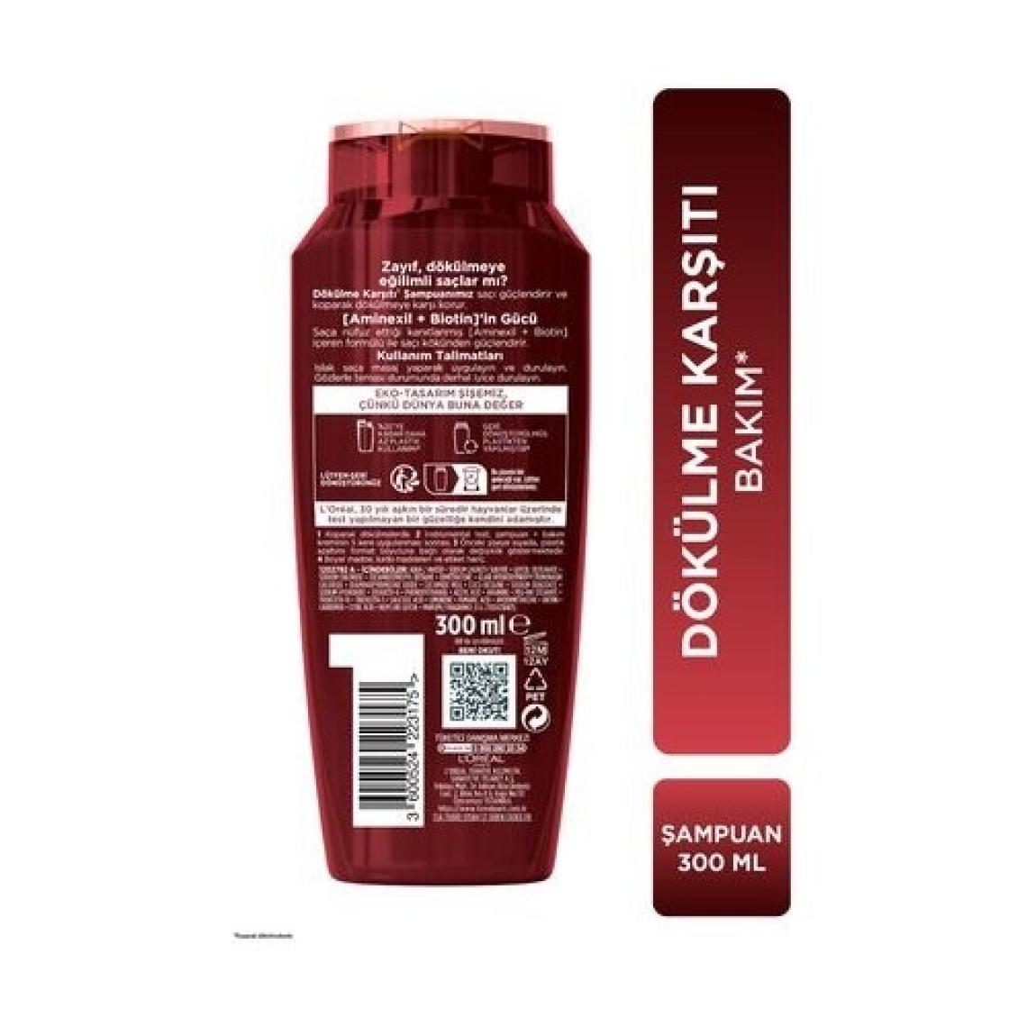 L'Oréal Paris Elseve Güçlendirici Şampuan - Koparak Dökülmeye Karşı Aminexil ve Biotin İçerir, 300 ml, Bitkisel Formül, Paraben İçermez