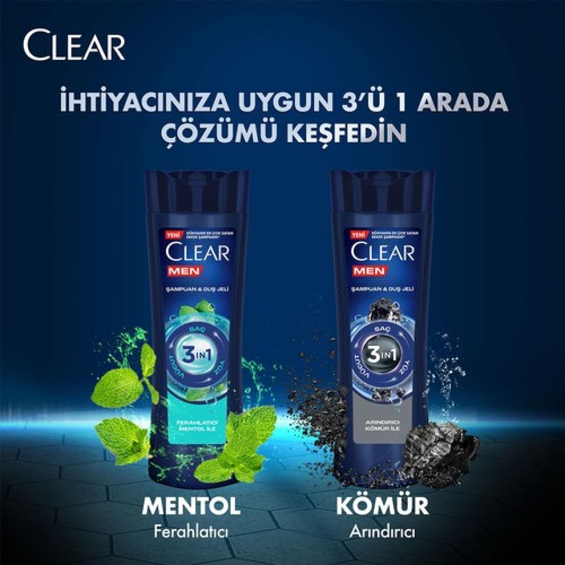 Clear Men 3 in 1 Şampuan & Duş Jeli Ferahlatıcı Mentol Saç Yüz Vücut İçin 350 ml