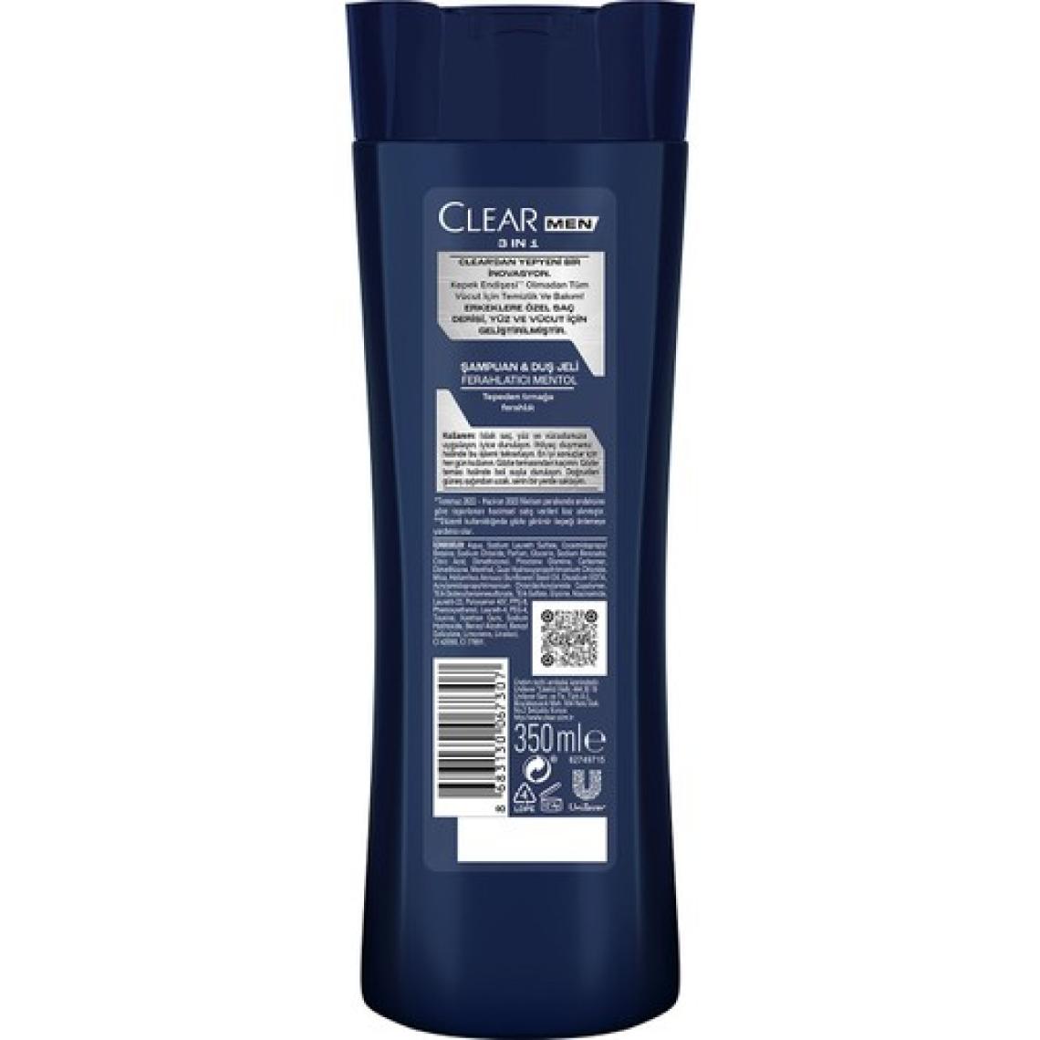Clear Men 3 in 1 Şampuan & Duş Jeli Ferahlatıcı Mentol Saç Yüz Vücut İçin 350 ml