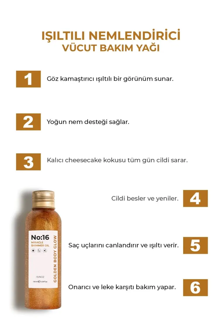Sinoz No:16 Mucizevi Işıltılı Saç ve Vücut Bakım Yağı 100 ML - Parıltılı Nemlendirici Bakım