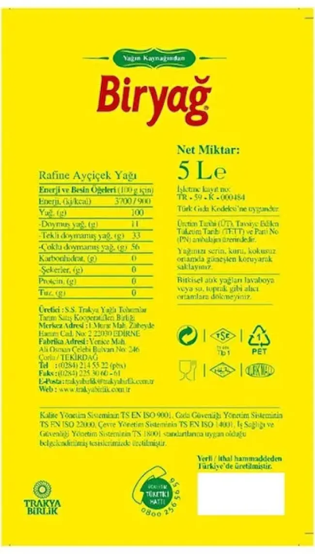 Ayçiçek Yağı Teneke 5 Lt.