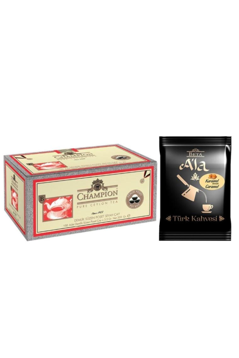 Champion Demlik Poşet 100 X 3,2 Gr + Beta A'la Karamel Aromalı Türk Kahvesi 100 Gr