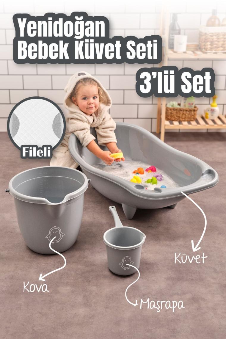 Vienev 3lü Set Fileli Yenidoğan Küvet Seti Gri
