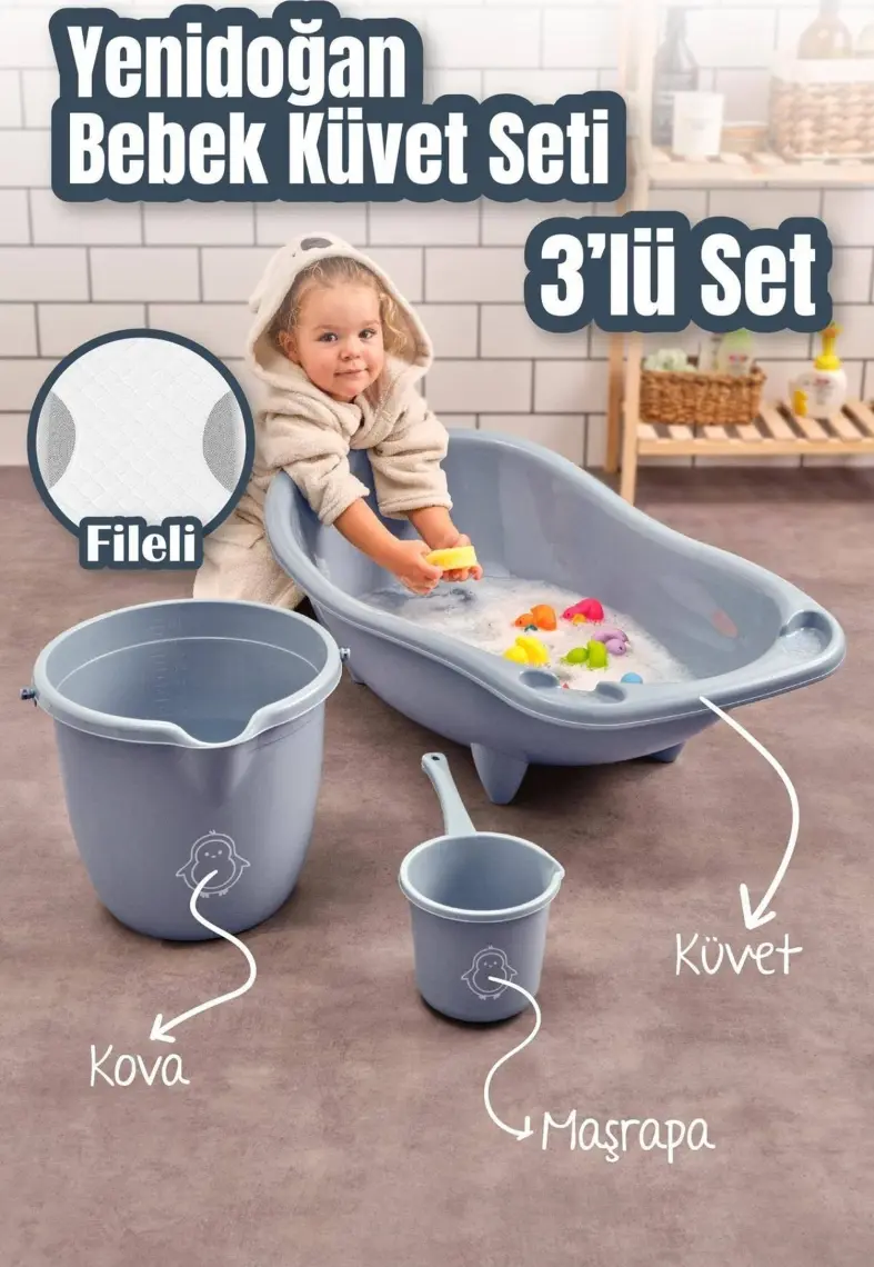 Vienev 3lü Set Fileli Yenidoğan Küvet Seti Mavi
