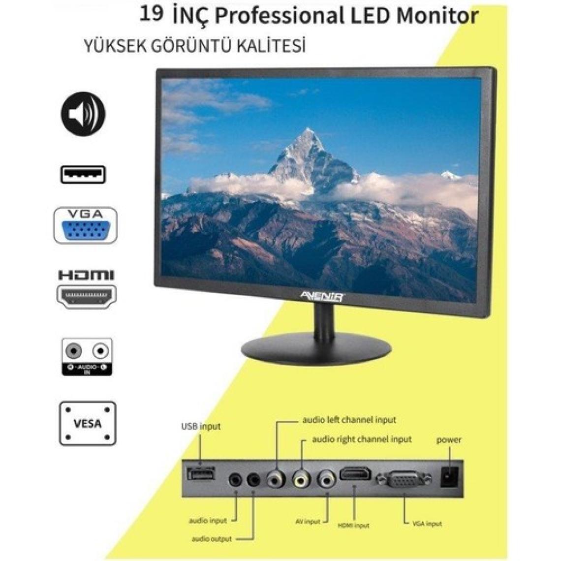 Avenir AV-M19A 19" LED Monitör USB / HDMI / VGA Dahili Hoparlör