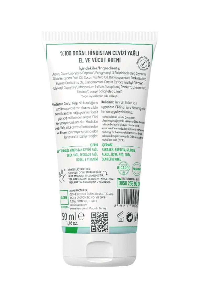 %100 Doğal El Ve Vücut Kremi Hindistan Cevizi Avokado Yoğun Nemlendirici Onarıcı Vegan 50 ml