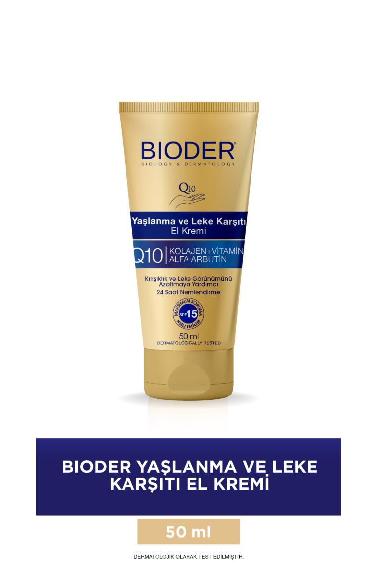 Bioder Yaşlanma Ve Leke Karşıtı El Kremi 50 Ml - Kolajen Q10 Arbutin C Vitamini Spf 15 Alkolsüz
