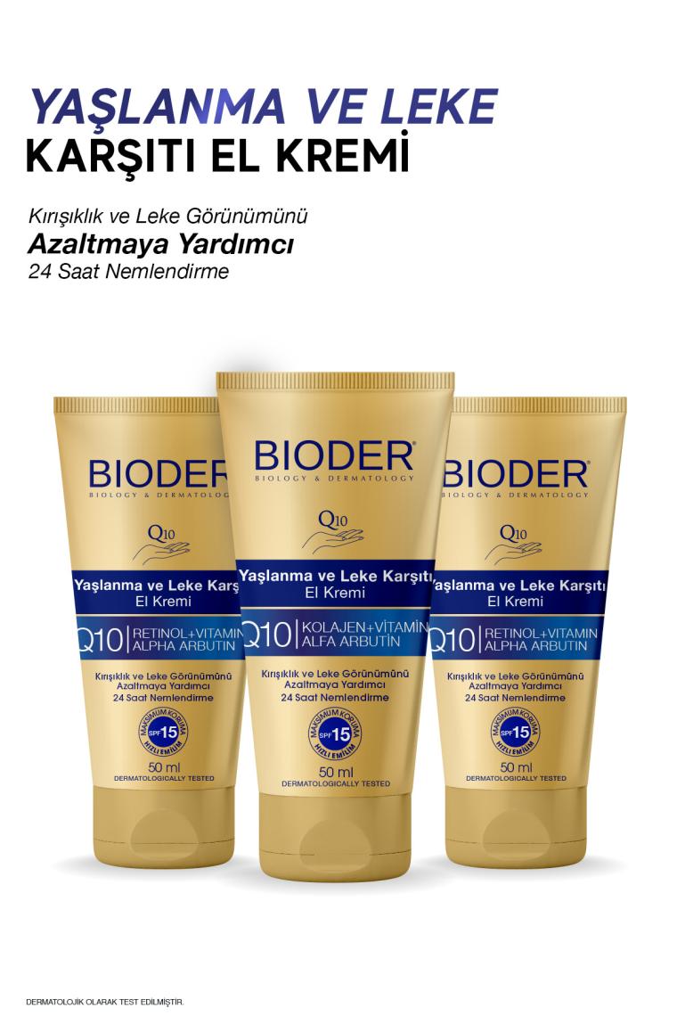 Bioder Yaşlanma Ve Leke Karşıtı El Kremi 50 Ml - Kolajen Q10 Arbutin C Vitamini Spf 15 Alkolsüz