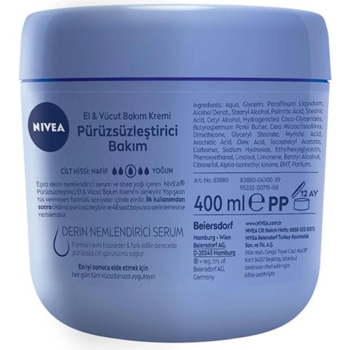 NIVEA El ve Vücut Bakım Kremi Pürüzsüzleştirici 400ml, 48 Saat Nemlendirici Serum, Shea Yağı, Kuru Ciltler