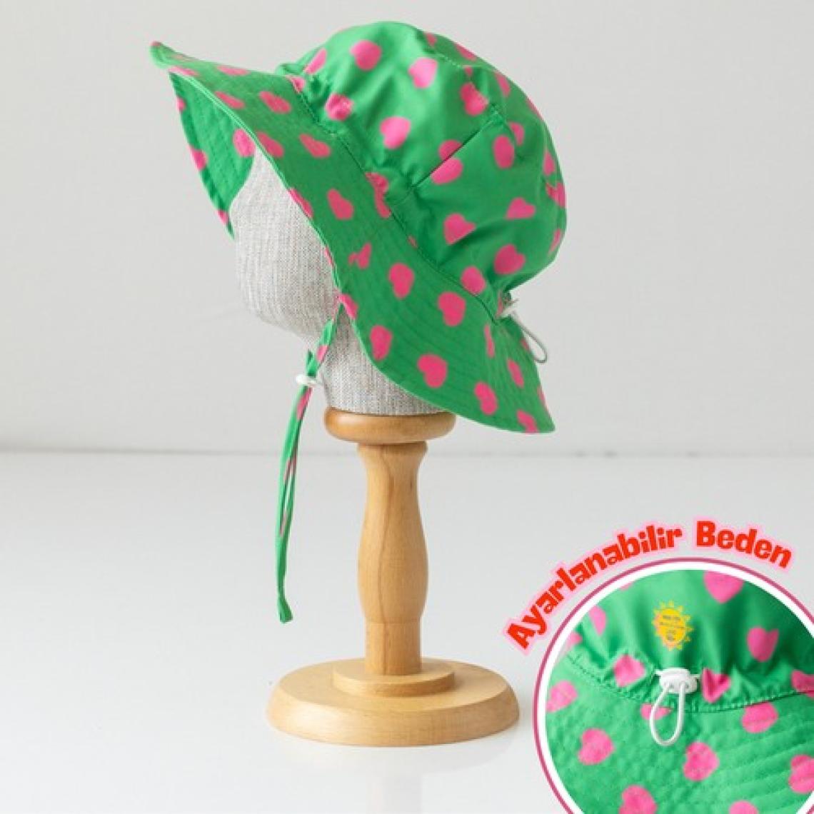 Mama Yoyo Baby&Kids Uv Korumalı Şapka - Kalpler - 7 Yaşa Kadar Uyumlu - Yeşil Pembe