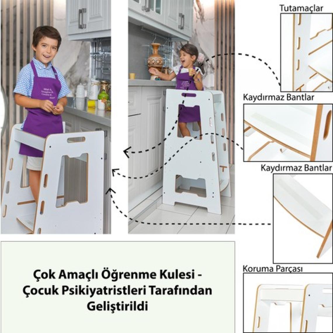 Minera Ahşap Montessori Öğrenme Kulesi / 2-6 Yaş / Beyaz