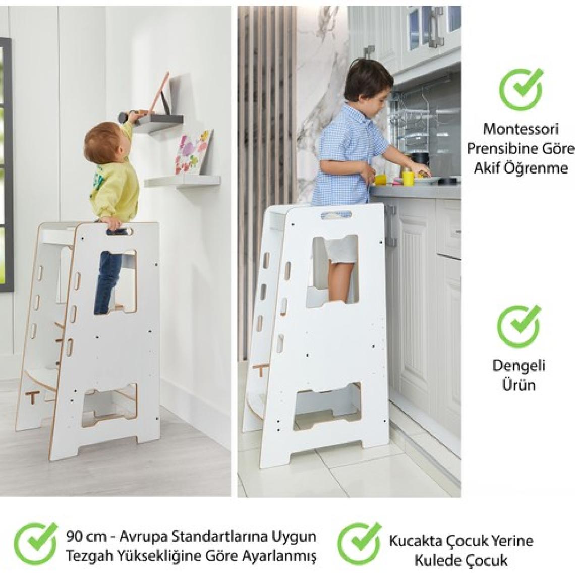 Minera Ahşap Montessori Öğrenme Kulesi / 2-6 Yaş / Beyaz