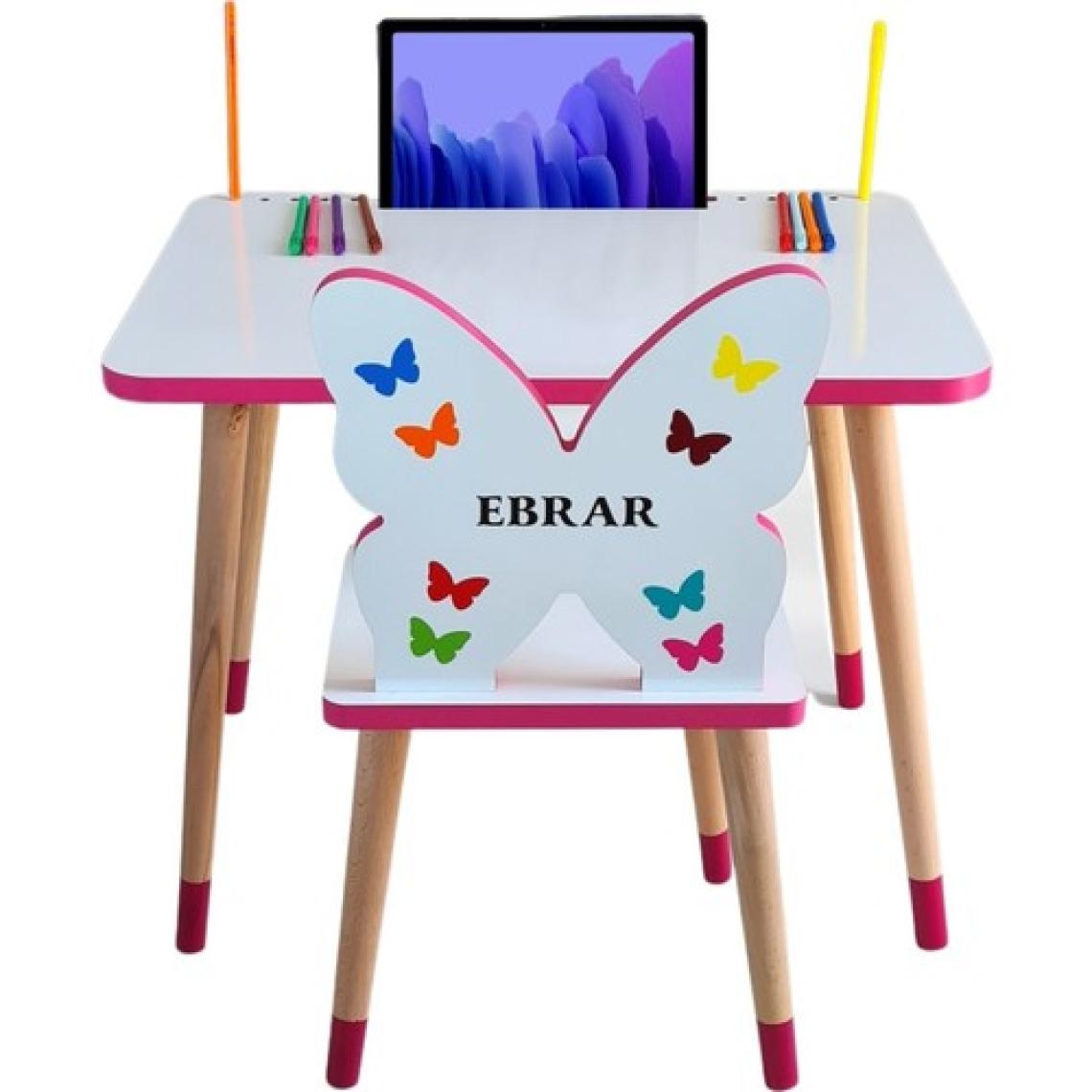 Liva Ahşap Çocuk Masa Sandalye Takımı Tekli  Pembe (Kelebekli)- Tablet, Telefon ve Kalemlik Yeri Yaz Sil Özellikli Yüzey