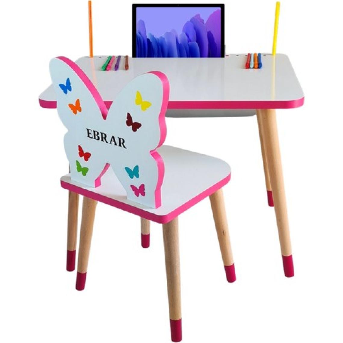 Liva Ahşap Çocuk Masa Sandalye Takımı Tekli  Pembe (Kelebekli)- Tablet, Telefon ve Kalemlik Yeri Yaz Sil Özellikli Yüzey