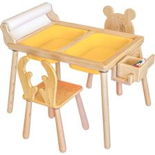 Wood & Joy Doğal Ahşap Duyusal Çocuk Aktivite Masası Oyun Masası ve Çocuk Çalışma Masası 2 Sandalye Seti(Rulo Aparatlı ve Kırtasiye İstasyonlu)