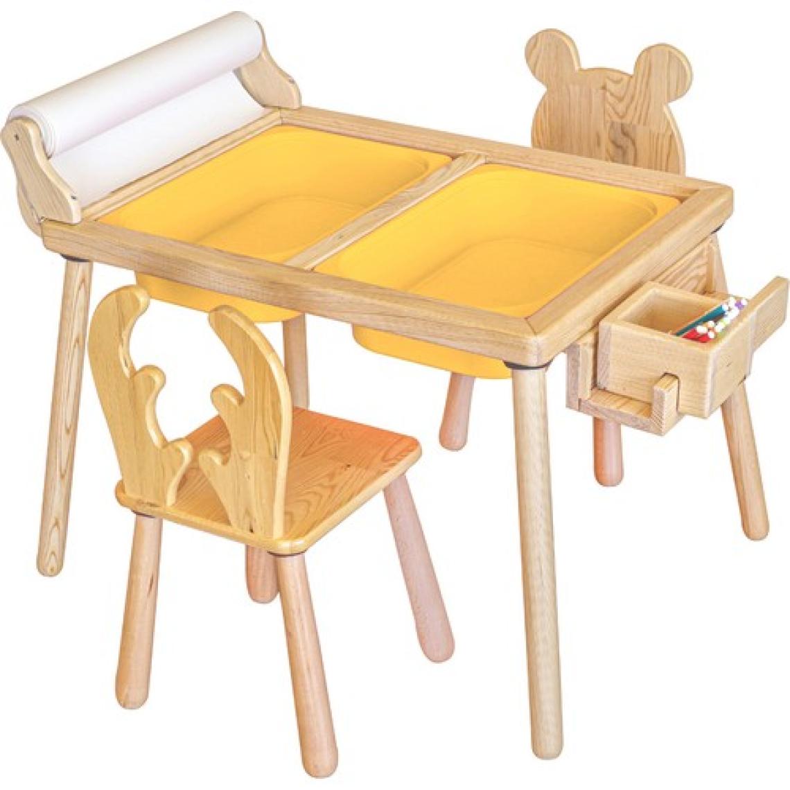 Wood & Joy Doğal Ahşap Duyusal Çocuk Aktivite Masası Oyun Masası ve Çocuk Çalışma Masası 2 Sandalye Seti(Rulo Aparatlı ve Kırtasiye İstasyonlu)