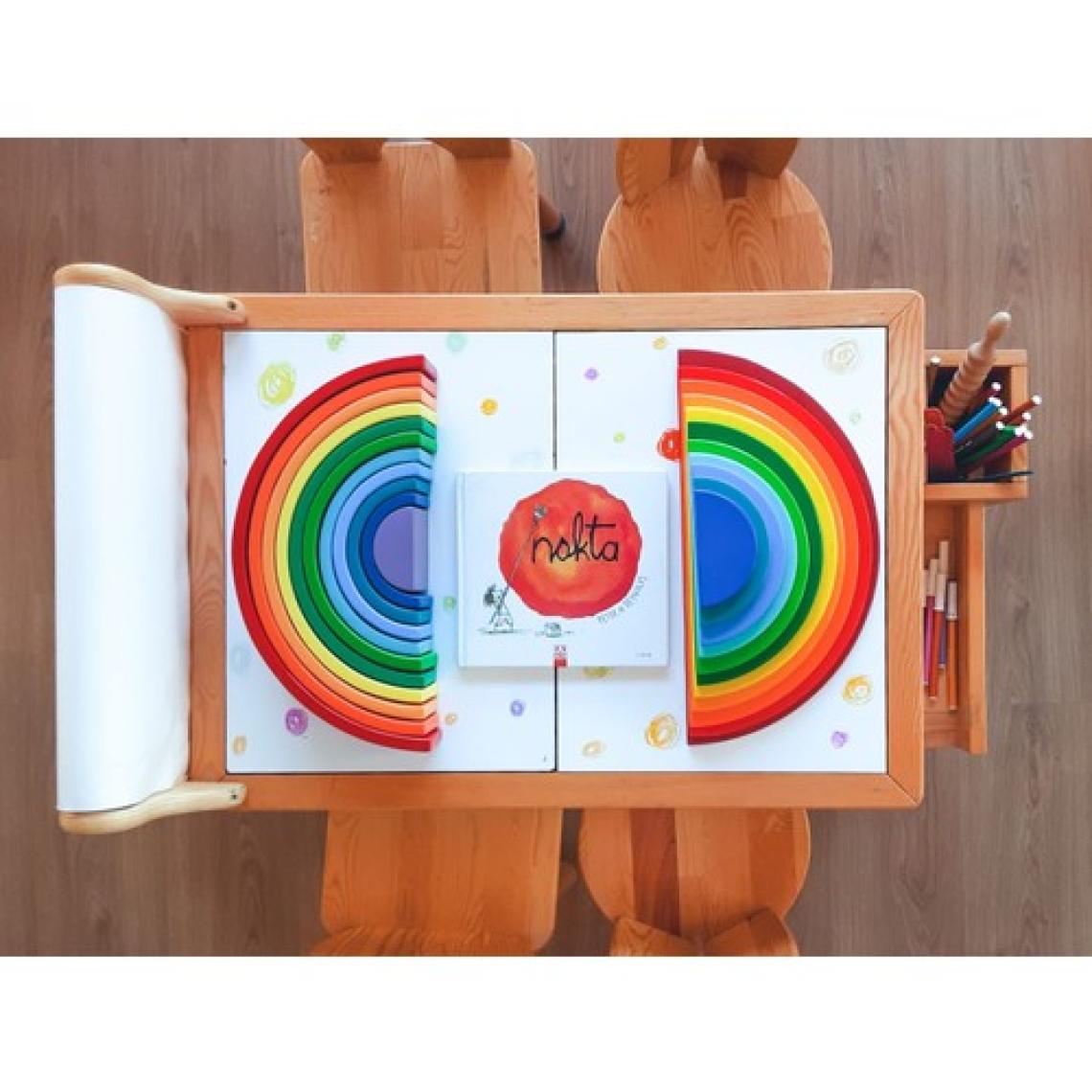 Wood & Joy Doğal Ahşap Duyusal Çocuk Aktivite Masası Oyun Masası ve Çocuk Çalışma Masası 2 Sandalye Seti(Rulo Aparatlı ve Kırtasiye İstasyonlu)