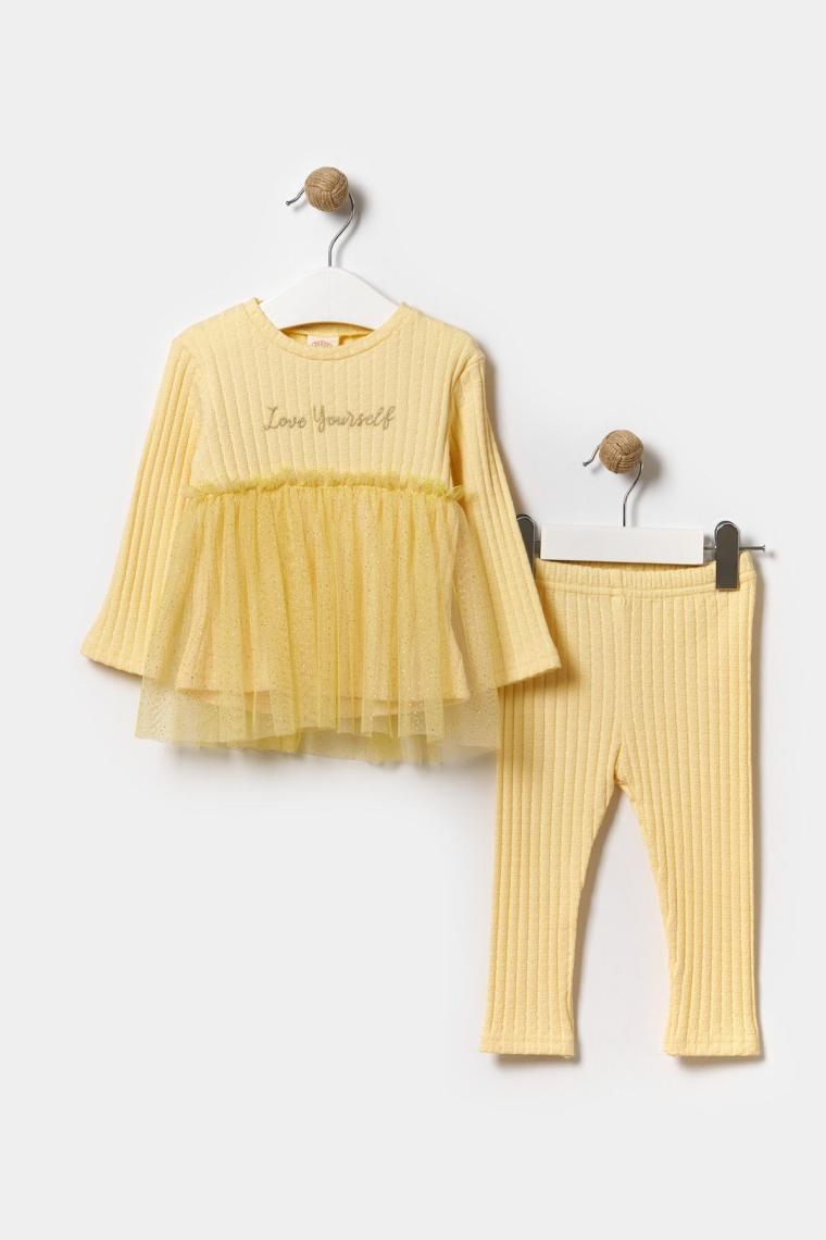 Minipodyum Mevsimlik Tüllü Taytlı %100 Pamuk 2'li Kız Bebek Takım %100 Pamuk 9-24 Ay