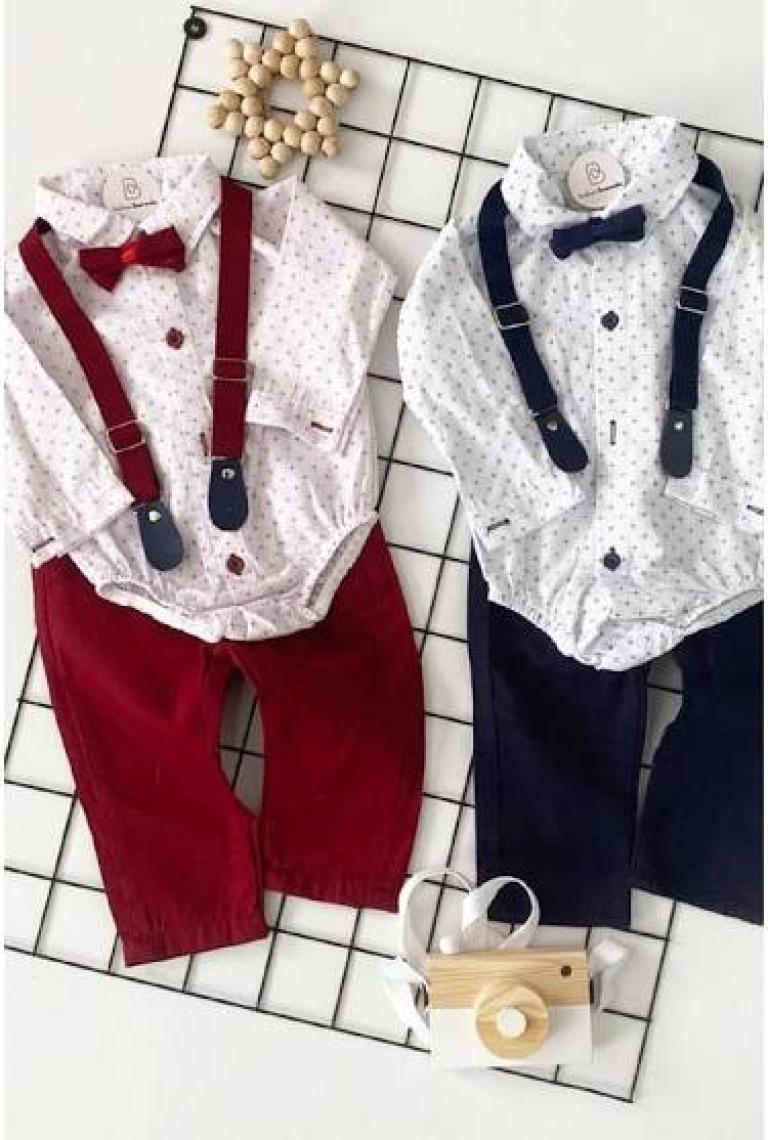 Bebeciburada Erkek Bebek  Papyonlu Askılı Zıbın Gömlekli Takım
