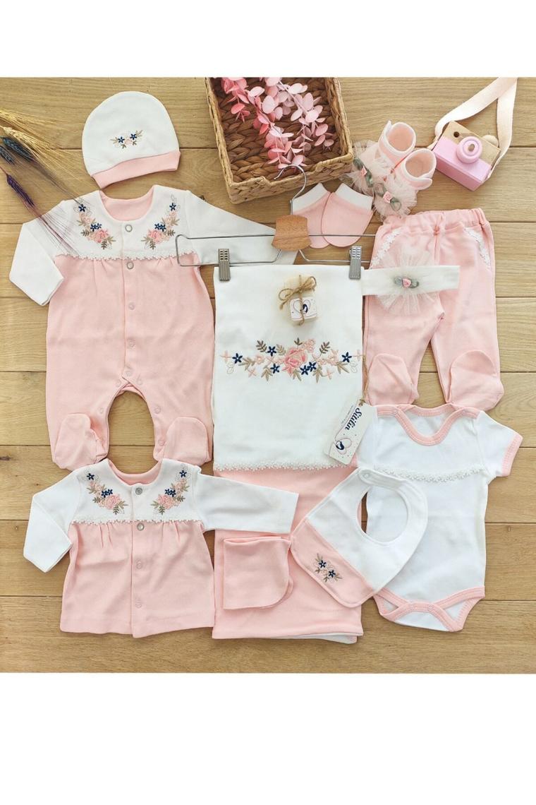 Kız Bebek Pembe 10'lu Hastane Çıkışı Natural Işlemeli Set