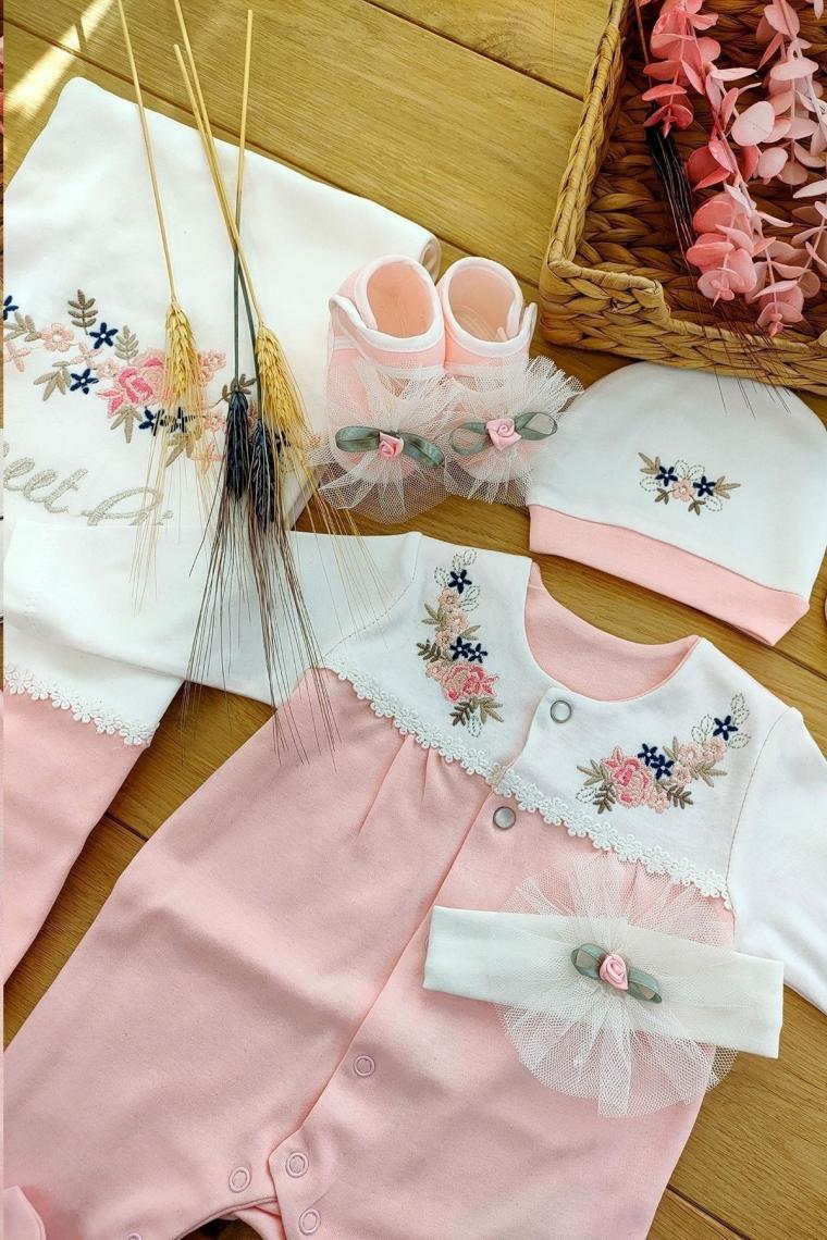 Kız Bebek Pembe 10'lu Hastane Çıkışı Natural Işlemeli Set