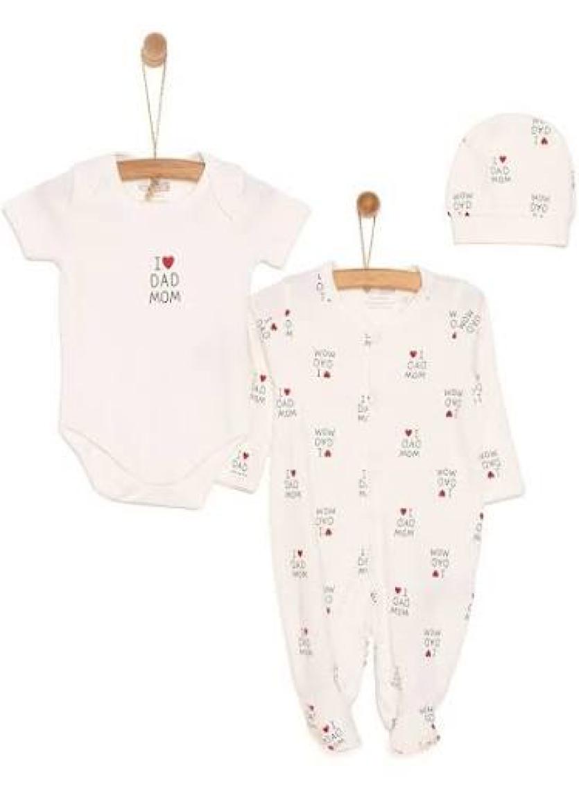 HelloBaby Yenidoğan Baby Mom&dad Kendinden Eldivenli Tulum-Body-Şapka 3lü Set Unisex