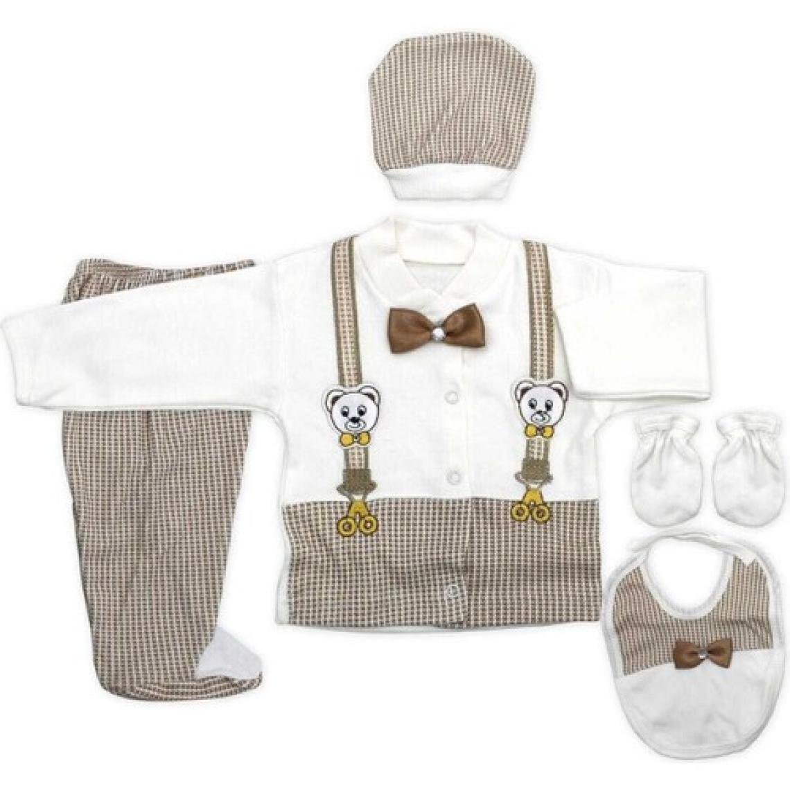 Baby Kids Colors Ayıcıklı Bej Papyonlu Yenidoğan Bebek 5 Li Hastane Çıkış Seti BOM002