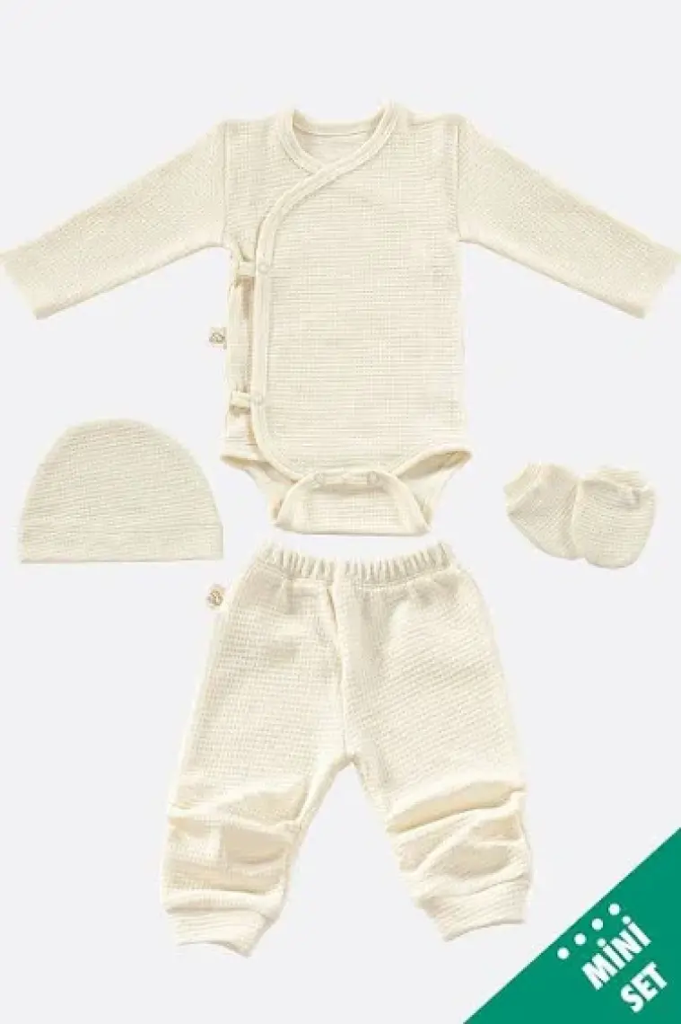 Tiny Lamb Honey Comb Organik Pamuk Jakar Penye Yenidoğan Mini Hastane Çıkış Seti-Beyaz