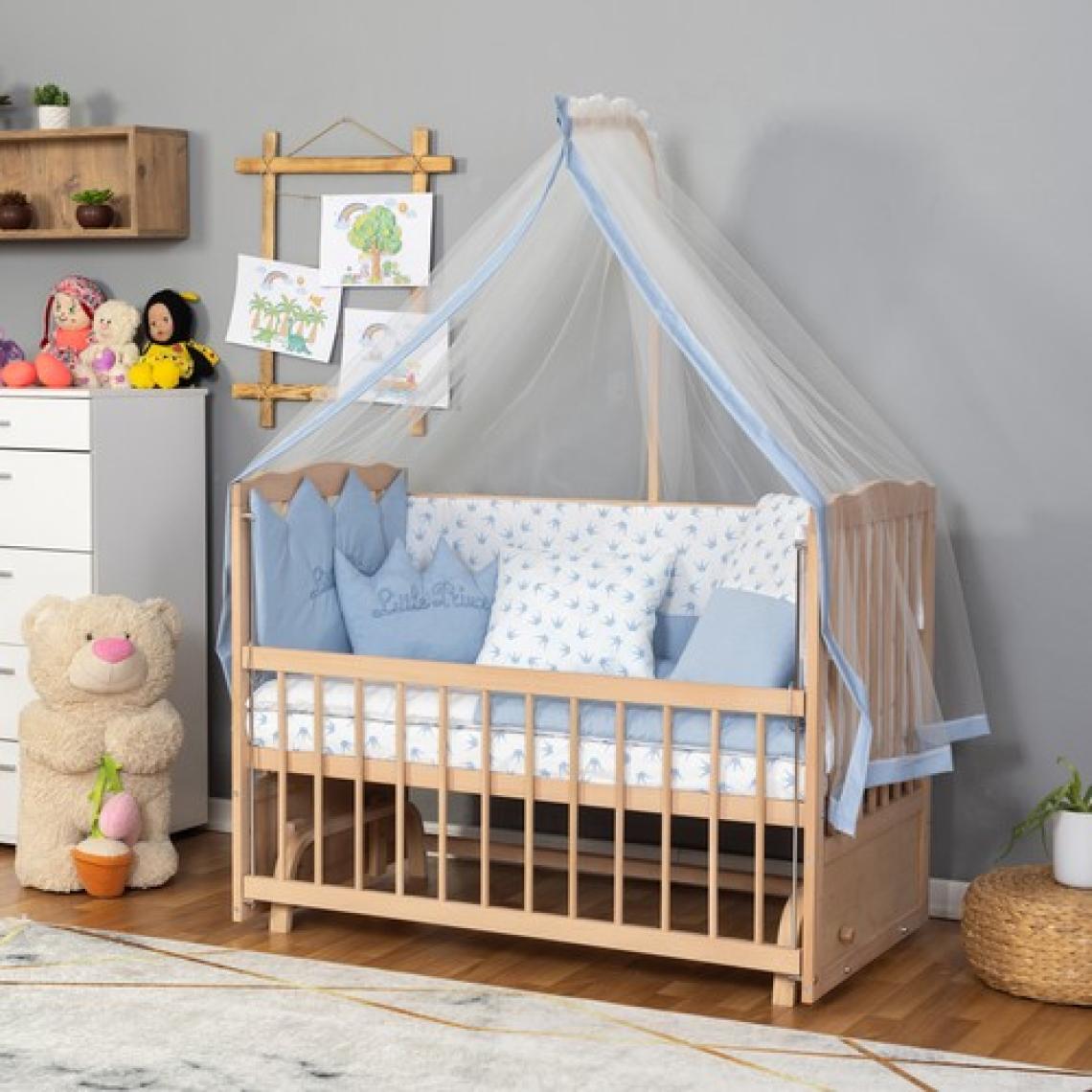Bamgidoo Ahşap Organik Beşik Anne Yanı Beşik 3 Kademeli Lüx Bebek Beşiği 60 x 120 cm - Mavi Prens Uyku Setli & Soft Yataklı