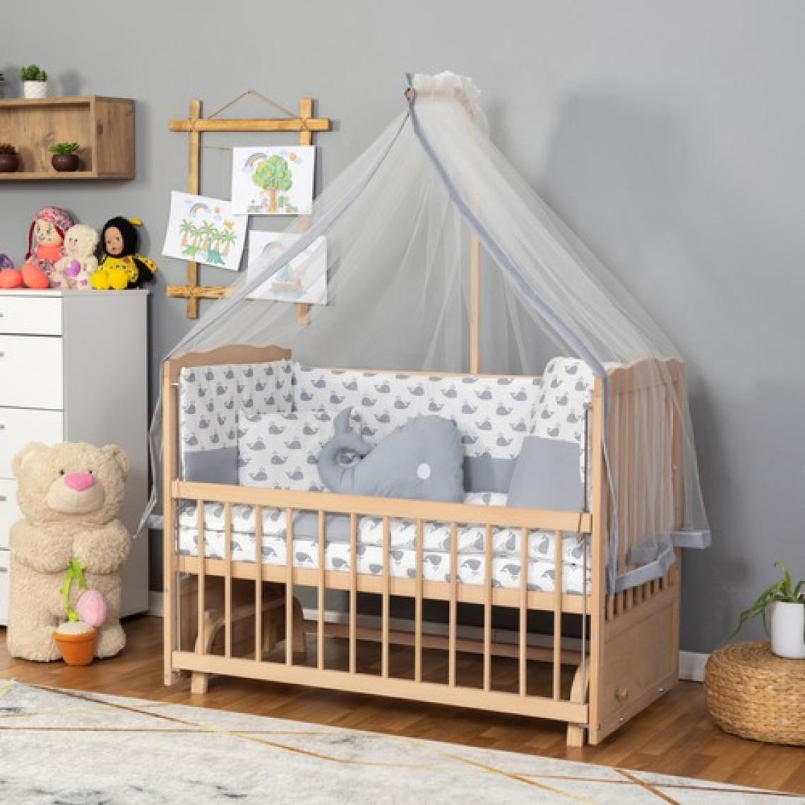 Bamgidoo Ahşap Organik Beşik Anne Yanı Beşik 3 Kademeli Lüx Bebek Beşiği 60 x 120 cm - Gri Balina Uyku Setli & Soft Yataklı