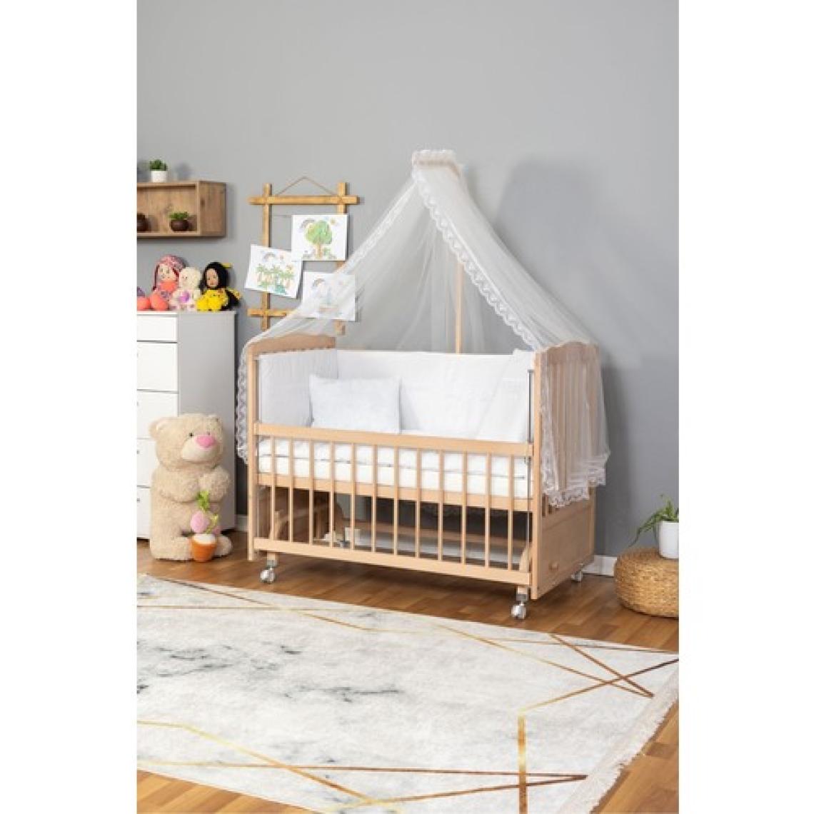 Ahşap Beşik Anne Yanı Beşik Organik(Boyasız) 60X120-BEYAZ Güpür Uyku Seti + Yatak + Tekerlekli