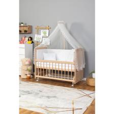 Ahşap Beşik Anne Yanı Beşik Organik(Boyasız) 60X120-BEYAZ Güpür Uyku Seti + Yatak + Tekerlekli