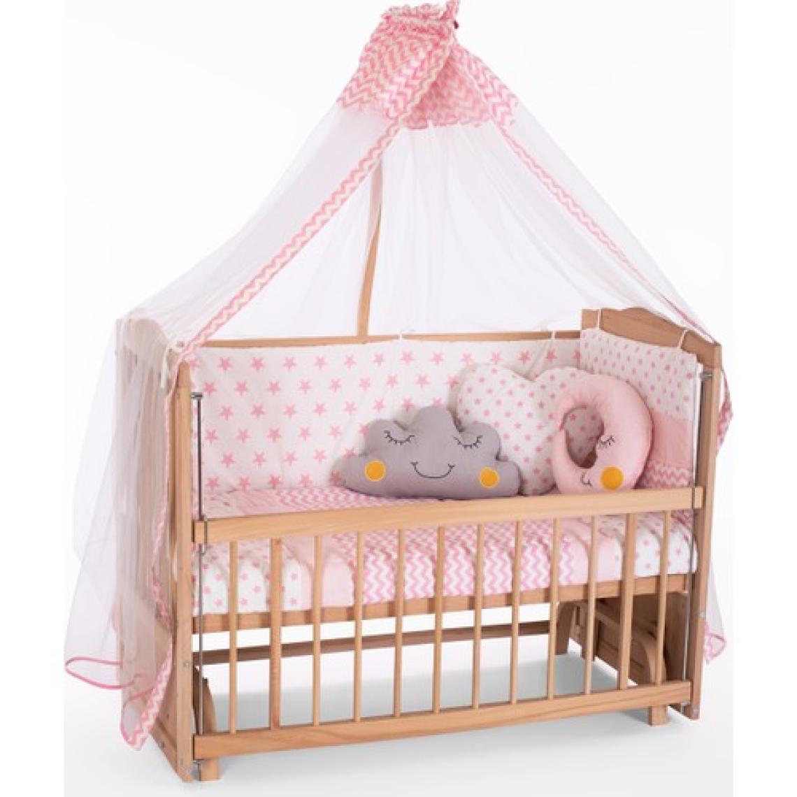 Bamgidoo Ahşap Organik Beşik Anne Yanı Beşik 3 Kademeli Lüx Bebek Beşiği 60 x 120 cm - Pembe Yıldız Uyku Setli & Soft Yataklı