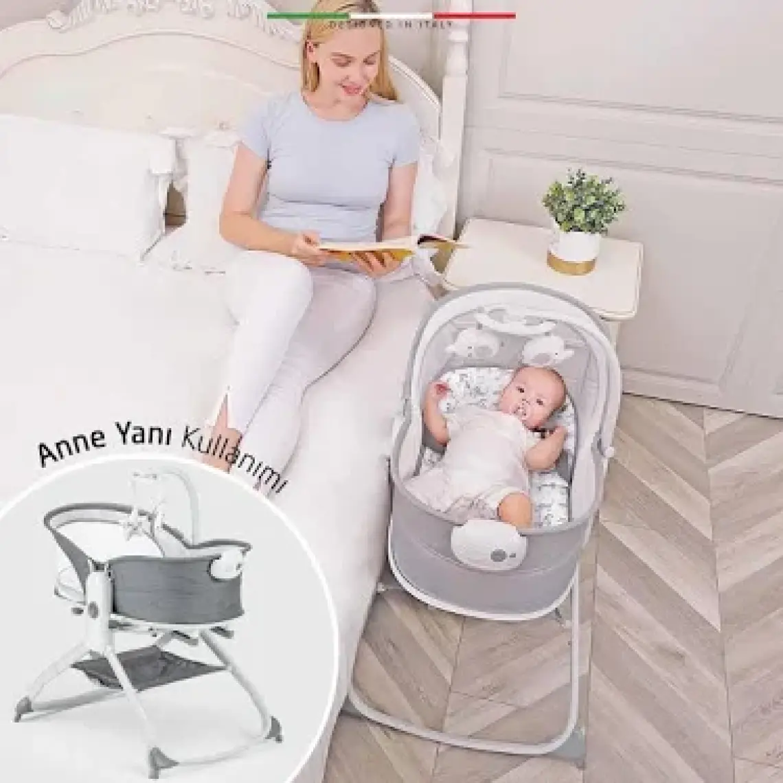 Elele Mira 6in1 Anne Yanı Beşik ve Ana Kucağı Sallanan Müzikli Titreşimli Kademeli Koyu Gri