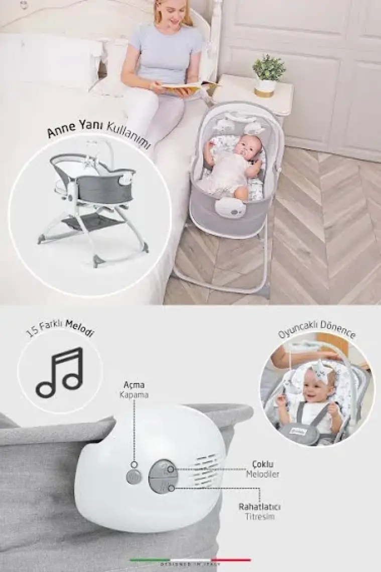 Elele Mira 6in1 Anne Yanı Beşik ve Ana Kucağı Sallanan Müzikli Titreşimli Kademeli Koyu Gri