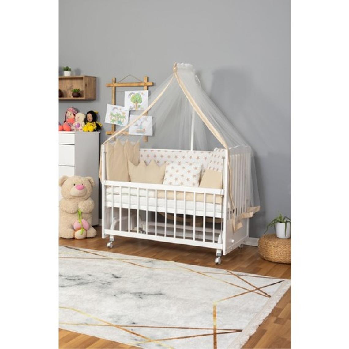Bamgidoo Ahşap Beşik Anne Yanı Beşik Beyaz 60X120 - Krem Nakış(Yazısız) Uyku Seti + Yatak + Tekerlekli