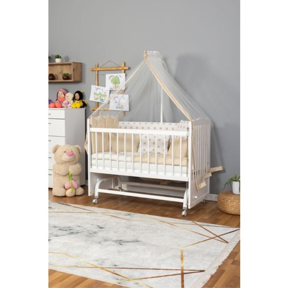 Bamgidoo Ahşap Beşik Anne Yanı Beşik Beyaz 60X120 - Krem Nakış(Yazısız) Uyku Seti + Yatak + Tekerlekli