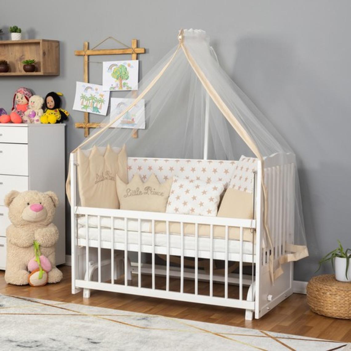 Bamgidoo Ahşap Lake Beyaz Renk Anne Yanı Beşik 3 Kademeli Sallanan Ahşap Beşik 60 x 120 cm - Krem Prens Uyku Setli & Soft Yataklı