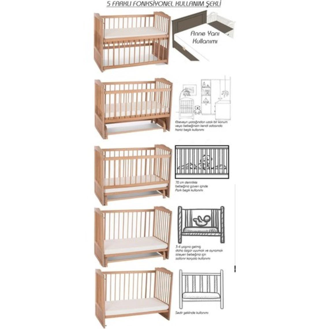 Ahşap Beşik Anne Yanı Beşik Organik (Boyasız) 60X120 - Pembe Balina Uyku Seti Yatak